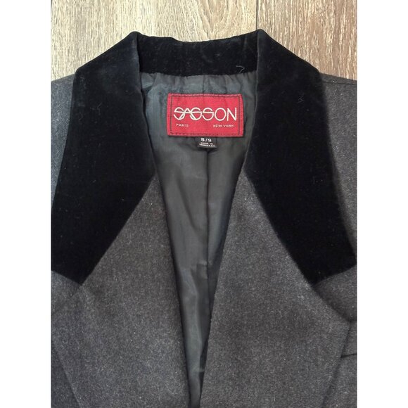 VINTAGE SASSON ONE BUTTON BLAZER WOMENS 8/9 GREY WOOL WITH VELVET COLLAR POCKET - Picture 4 of 8